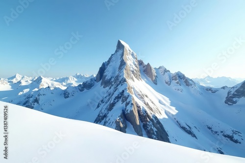 Snow-covered mountain peak, pristine white landscape, clouds, scenic