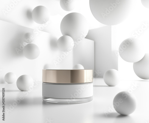 Floating cream jar with soft white spheres, beauty and freshness  minimal design. product presentation.