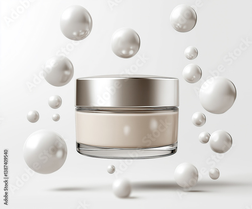 Floating cream jar with soft white spheres, beauty and freshness  minimal design. product presentation.