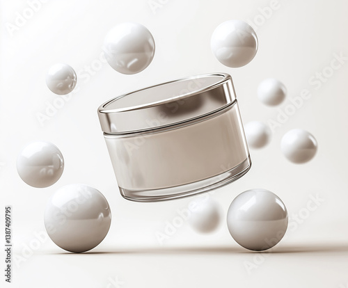Floating cream jar with soft white spheres, beauty and freshness  minimal design. product presentation.