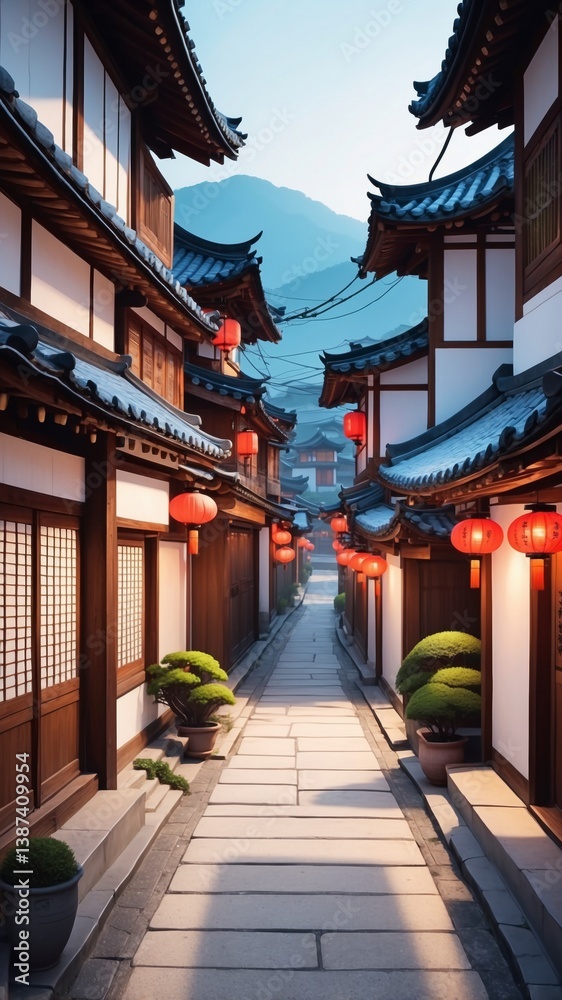 Naklejka premium Picturesque street scene featuring lush green trees and welcoming homes in a tranquil urban setting inviting strolls and exploration in a dreamlike landscape