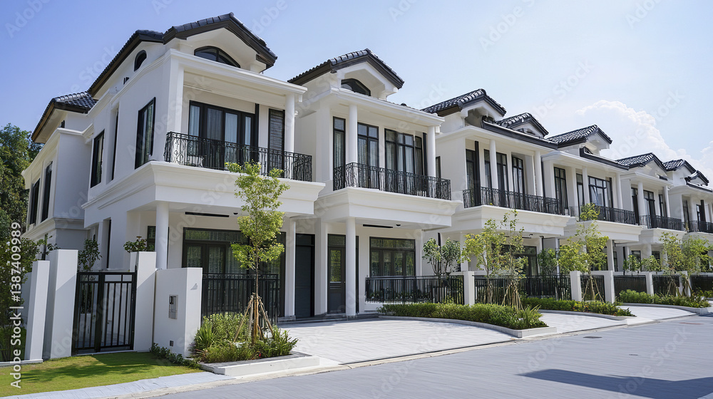 Fototapeta premium Modern white terrace houses with black roofs and balconies line quiet street