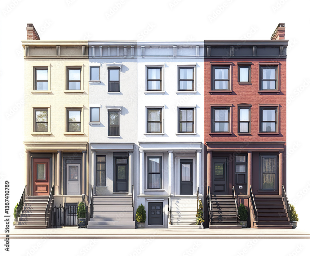 Fototapeta premium Three colorful townhouses with stairs and windows in row