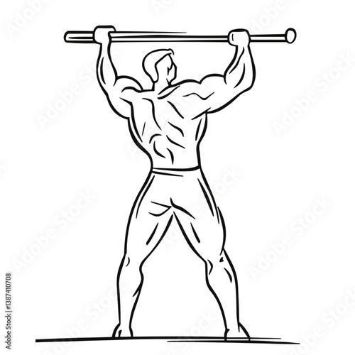 Muscular man performing pull-up exercise against a white background  