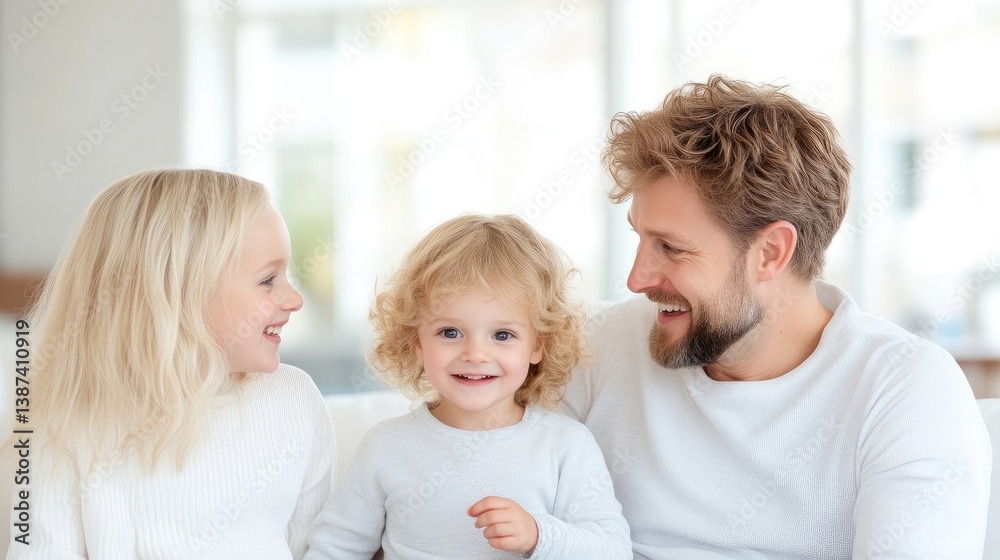 A happy family portrait shows a father with two young children. The father smiles warmly, embracing his children. The image is well-lit, with soft lighting creating a gentle mood. The style is cand