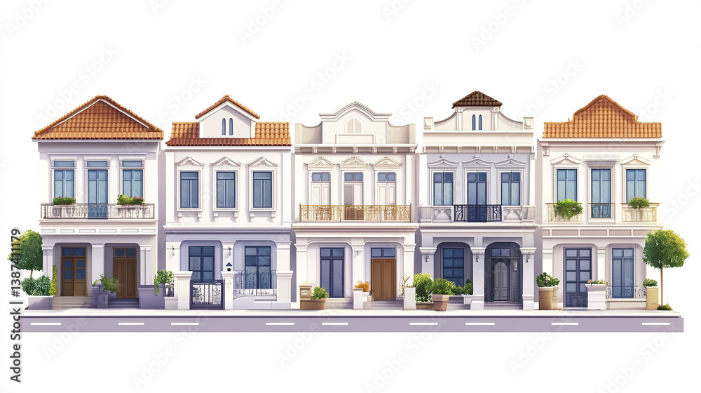 Fototapeta premium Terraced houses with classic architecture and balconies