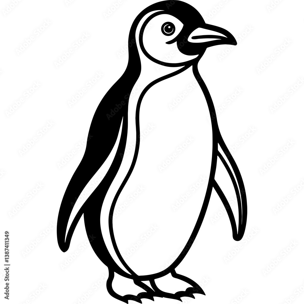 Fototapeta premium Penguin bird simple black line art image, Black bold outline vector icon, Bird vector illustration