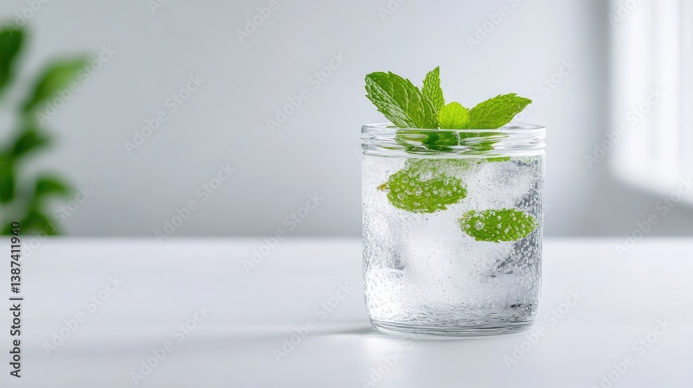 A clear glass of refreshing sparkling water with fresh mint leaves, placed on a clean white surface, and bright and minimalist setting.