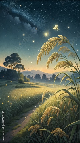 Magical Rice Field Under a Starry Night Sky