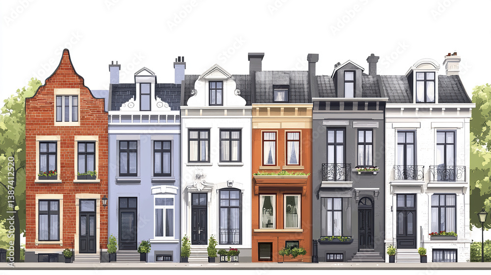 Fototapeta premium Charming row of colorful European style townhouses with ornate details