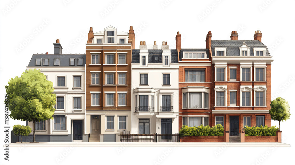 Obraz premium Row of elegant townhouses with classic architecture and greenery