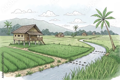 Tranquil Asian Rice Paddy Landscape with Houses