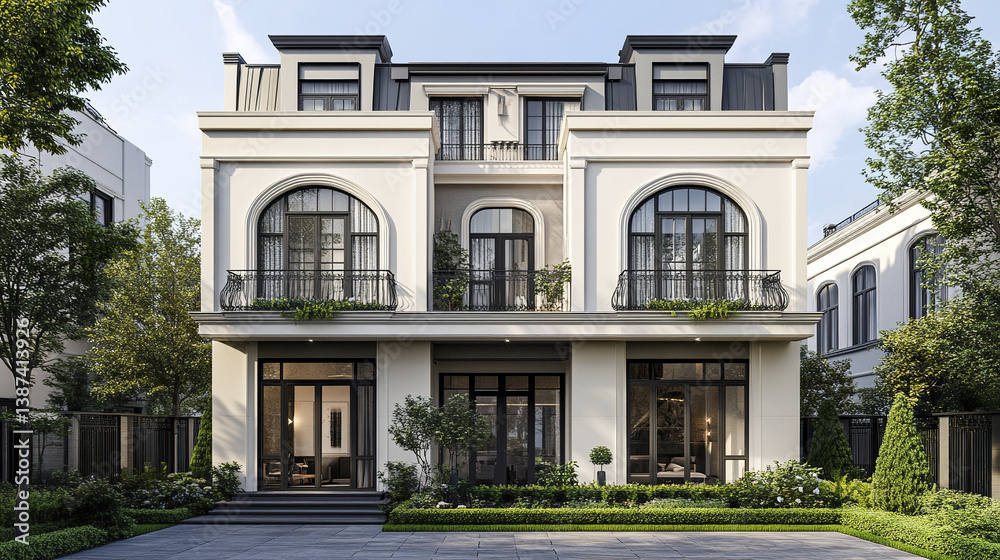 Fototapeta premium Elegant white townhouse with arched windows and lush greenery
