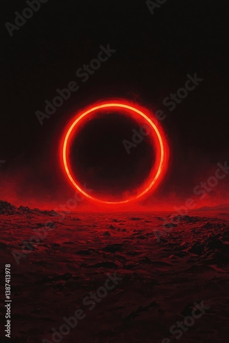 Red neon circle floats above a dark, rocky landscape, on a smoke-filled night