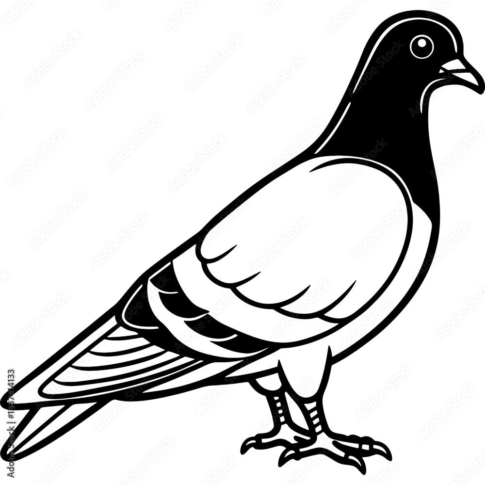 Obraz premium Pigeon bird simple black line art image, Black bold outline vector icon, Bird vector illustration