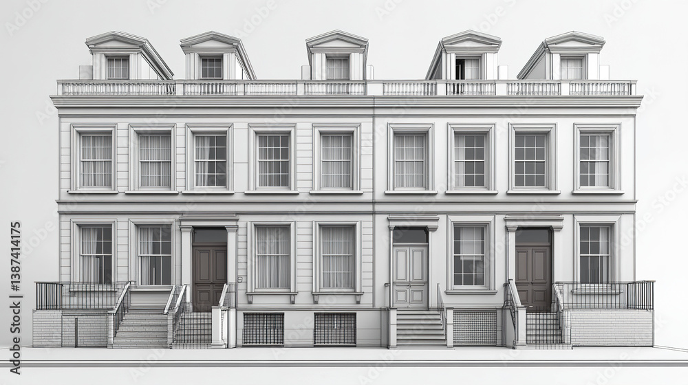 Fototapeta premium Elegant terrace house with classic architecture and symmetrical design