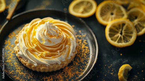A tangy lemon meringue pie with a golden crust. Featuring sweetness and citrus