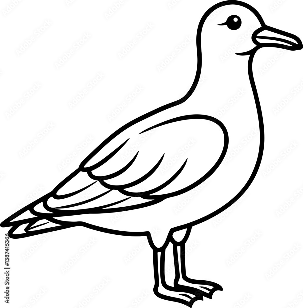 Obraz premium Seagull bird simple black line art image, Black bold outline vector icon, Bird vector illustration