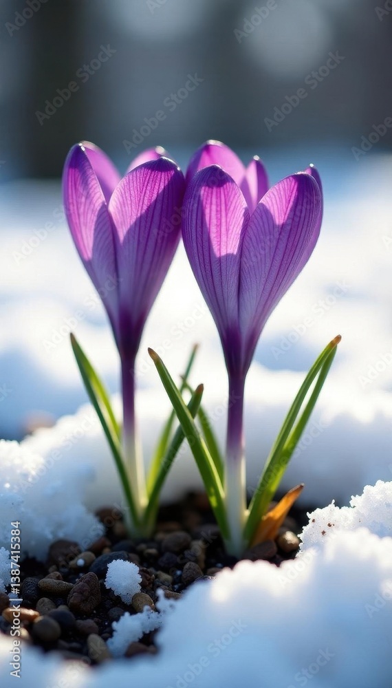 Naklejka premium Delicate violet crocus blossoms emerge from melting snow , bloom, closeup