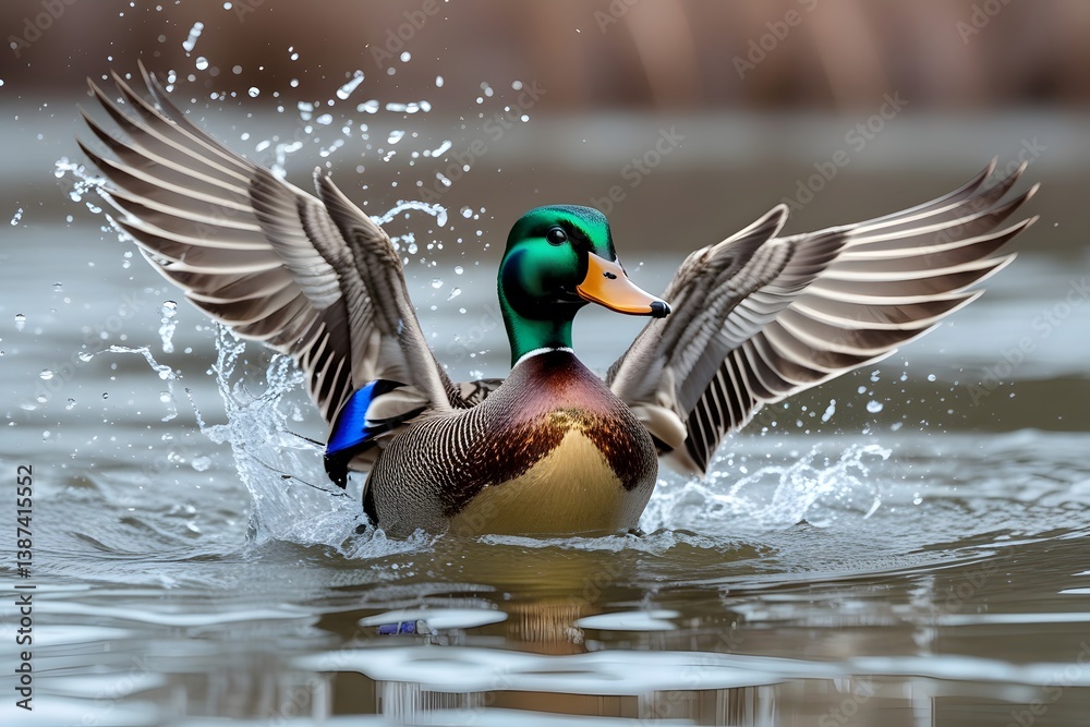 Obraz premium 3d Wild green-headed drake flying duck swims in the pond's water, a beautiful animal of nature