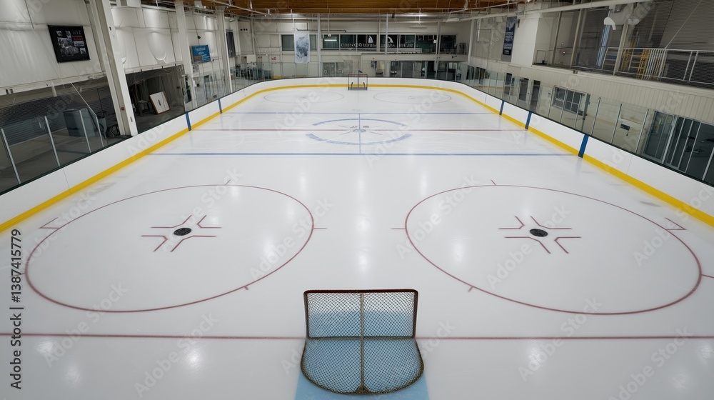 Obraz premium Empty ice hockey rink displays perfectly aligned face-off circles and goals, emphasizing the crisp symmetry and anticipation before the game begins.