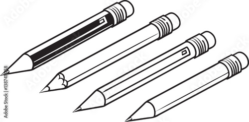 Black metal office tools like a pen and pencil are essential school equipment for writing and drawing, along with a pencil and eraser