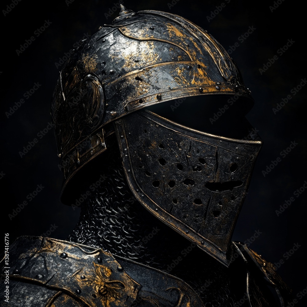 Close up of a medieval knight's helmet dark and metallic.
