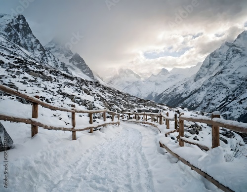 A quiet, snow-covered mountain path, leading through towering peaks. The soft snowfall creates a serene atmosphere, with no sounds except the crunch of snow underfoot.