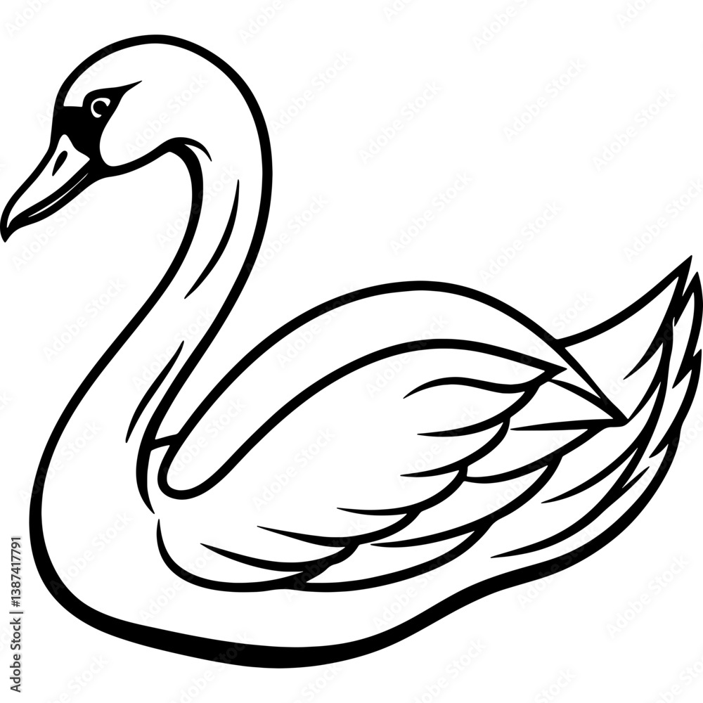 Obraz premium Swan bird simple black line art image, Black bold outline vector icon, Bird vector illustration