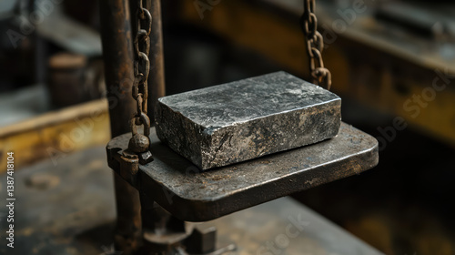 Precision of Weight: A weathered, industrial-style scale bears a heavy, rectangular metal bar, demonstrating a raw form of measurement in a pragmatic setting.