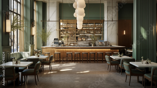 Restaurant d'architecture moderne, bâtiment de luxe avec tables et bar. Restauration, luxe, élégant. Arrière-plan pour conception et création graphique.