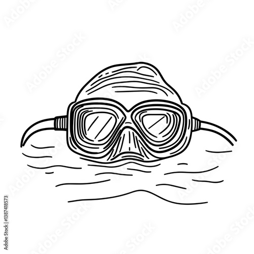 Snorkeler wearing mask swimming in water line drawing  