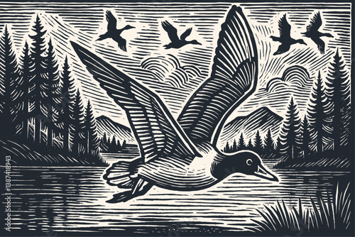 Vintage woodcut vector illustration. A duck flies low over water against a backdrop of forest, mountains, clouds, sun rays, and a flying flock.