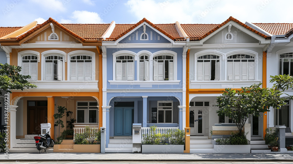 Fototapeta premium Colorful terrace houses with vibrant facades and arched windows