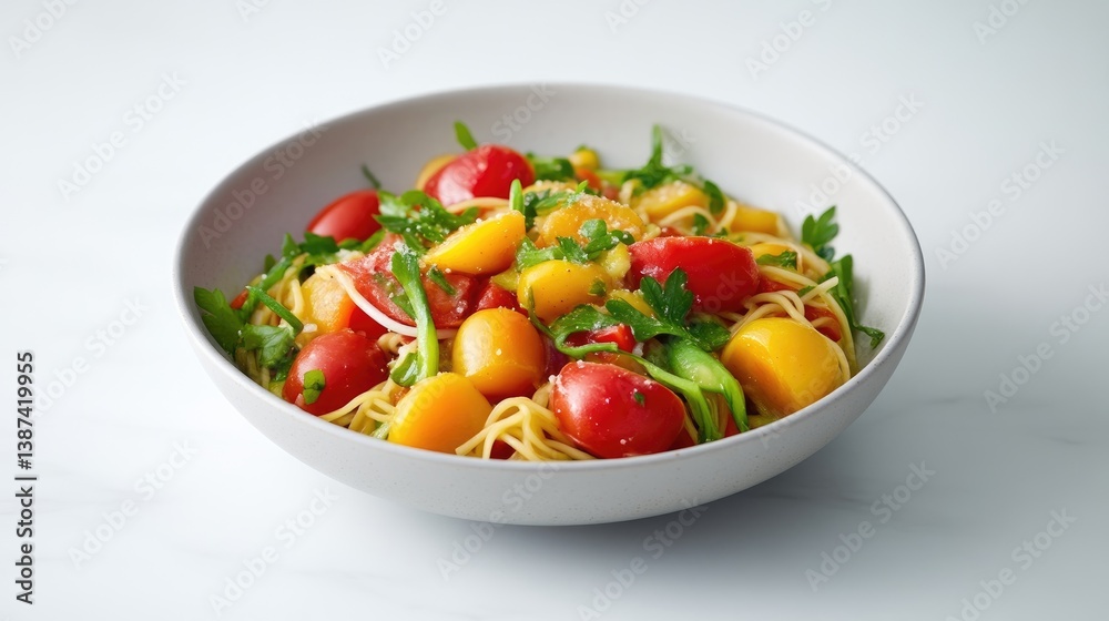 Vibrant pasta dish with colorful tomatoes and greens. A light and flavorful meal featuring cooked pasta tossed with a medley of cherry tomatoes, yellow squash, and arugula. Vibrant pasta dish with colorful tomatoes and greens. A light and flavorful meal featuring cooked pasta tossed with a medley of cherry tomatoes, yellow squash, and arugula.