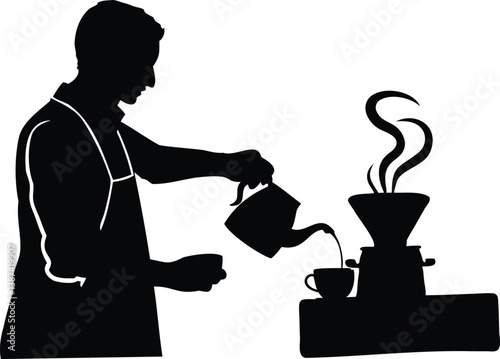 Silhouette of a barista making pour-over coffee at a drip station, with visible steam, representing specialty coffee preparation and modern café culture