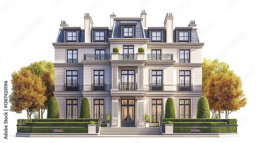 Naklejka premium Elegant townhouse with classic architecture and lush greenery