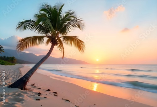 Beautiful tropical sunset beach and sky background as exotic summer landscape with beach and white sand and calm sea beach banner. Paradise island beach vacation or summer holiday destination