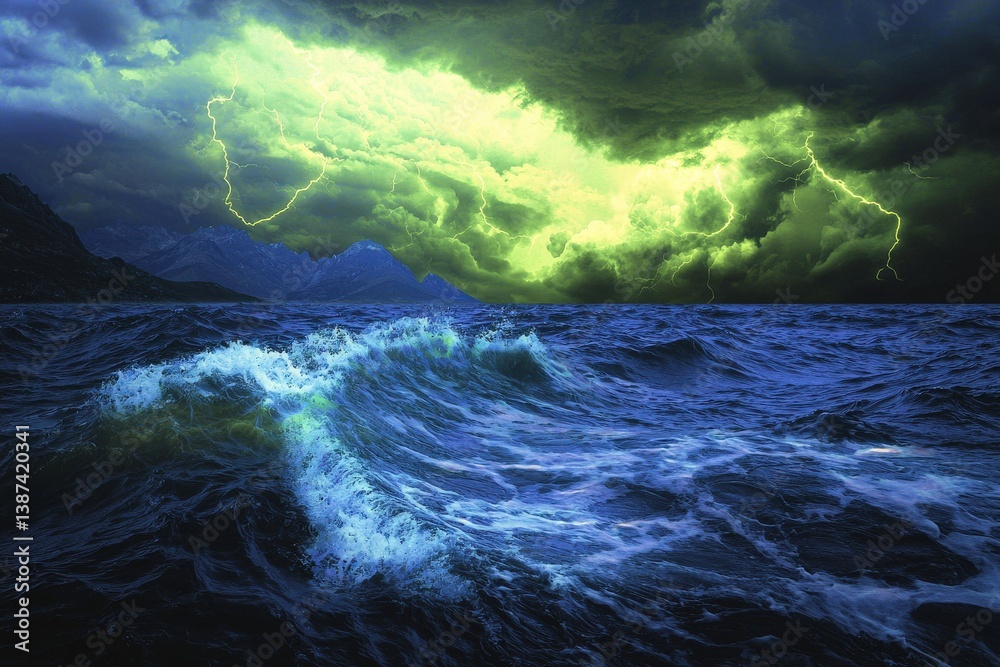 Fototapeta premium Weather and oceans connecting visually through storm clouds and wave movement.