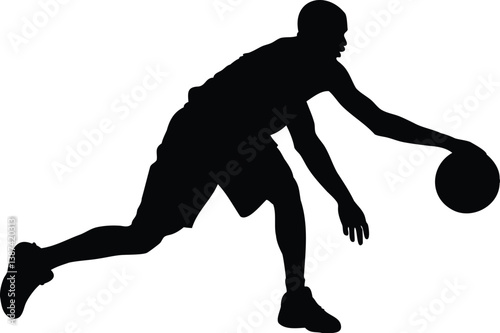 Silhouette of a basketball player running and dribbling the ball with one hand, viewed from the side, symbolizing speed, focus, and athletic coordination