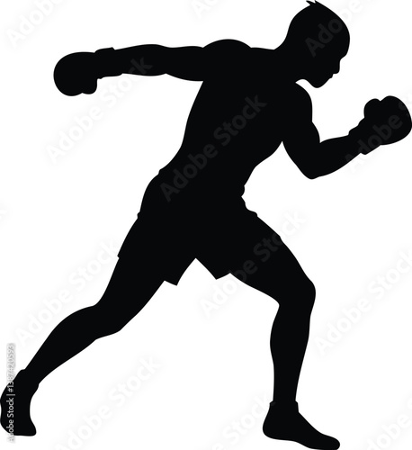 Silhouette of a male boxer in a fighting stance with gloves raised, symbolizing strength, athleticism, training, and competitive boxing sport