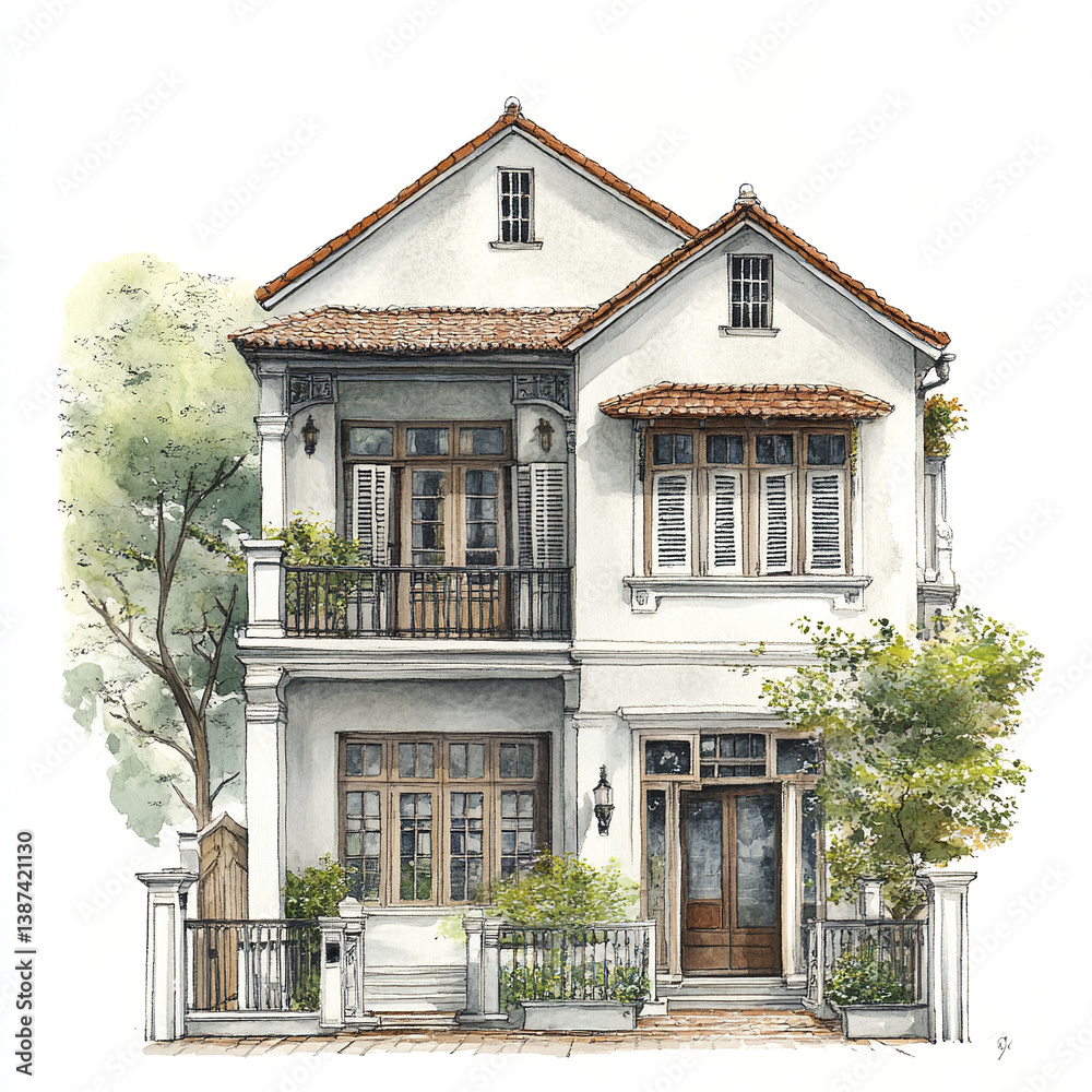 Fototapeta premium Charming two story house with red tiled roof and lush greenery