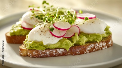 A vibrant avocado toast with poached eggs, radishes, and microgreens. Featuring freshness and elegance