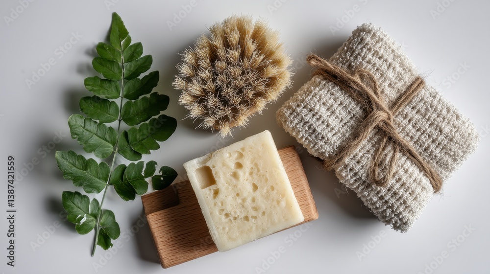 Fototapeta premium Natural bath products arranged on white background. Features soap, loofah, washcloth and fern.