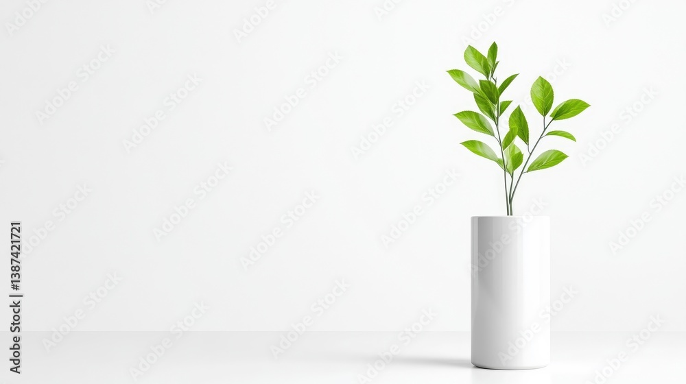A single green plant sprouting in a white cylindrical vase on a minimalist white surface, clean and modern aesthetic, and simplicity and nature concept. A single green plant sprouting in a white cylindrical vase on a minimalist white surface, clean and modern aesthetic, and simplicity and nature concept.
