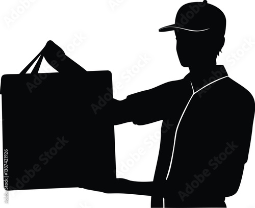 Silhouette of a delivery person holding a large tote bag, symbolizing food delivery, courier logistics, and modern gig economy work