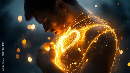 Dramatic depiction of a male figure clutching his chest surrounded by a glowing heart shaped energy that represents deep intense emotions   whether anguish pain or a powerful inner struggle