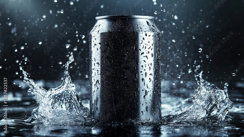 Quenching Thirst: A sleek, modern soda can is the focal point, with water splashing dynamically around it. the composition accentuates the refreshing nature of the beverage. Quenching Thirst: A sleek, modern soda can is the focal point, with water splashing dynamically around it. the composition accentuates the refreshing nature of the beverage.