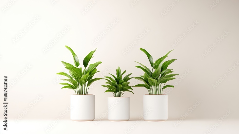 Fototapeta premium Minimalist indoor plants in white pots. A serene display of greenery against a light beige backdrop