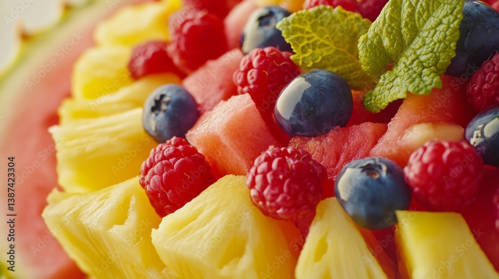 A vibrant fruit salad with pineapple, watermelon, and berries. Featuring zest and sweetness A vibrant fruit salad with pineapple, watermelon, and berries. Featuring zest and sweetness